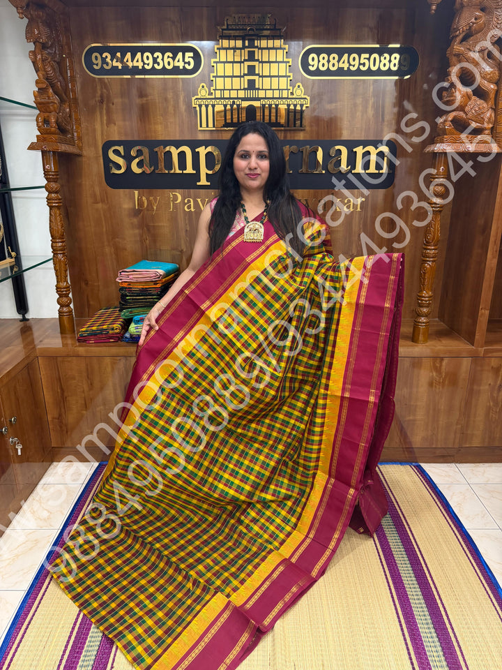 Yellow Green Red ,Pallum Pazham Kattam with Rich Rettapet Kanchi Border and Rich Pallu, Korvai Silk Cotton Saree