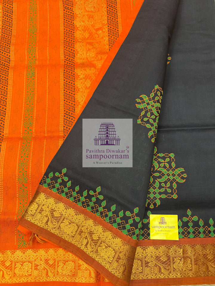 Black with Orange  , Kolam Handblock printed Sillk Cotton Saree