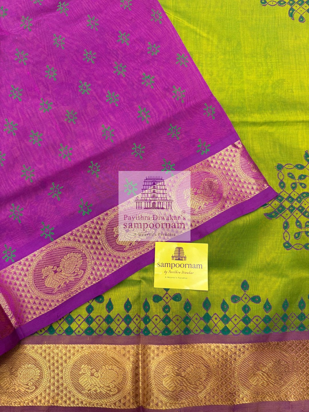 Parrot Green with Purple  , Kolam Handblock printed Sillk Cotton Saree
