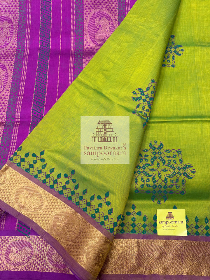 Parrot Green with Purple  , Kolam Handblock printed Sillk Cotton Saree
