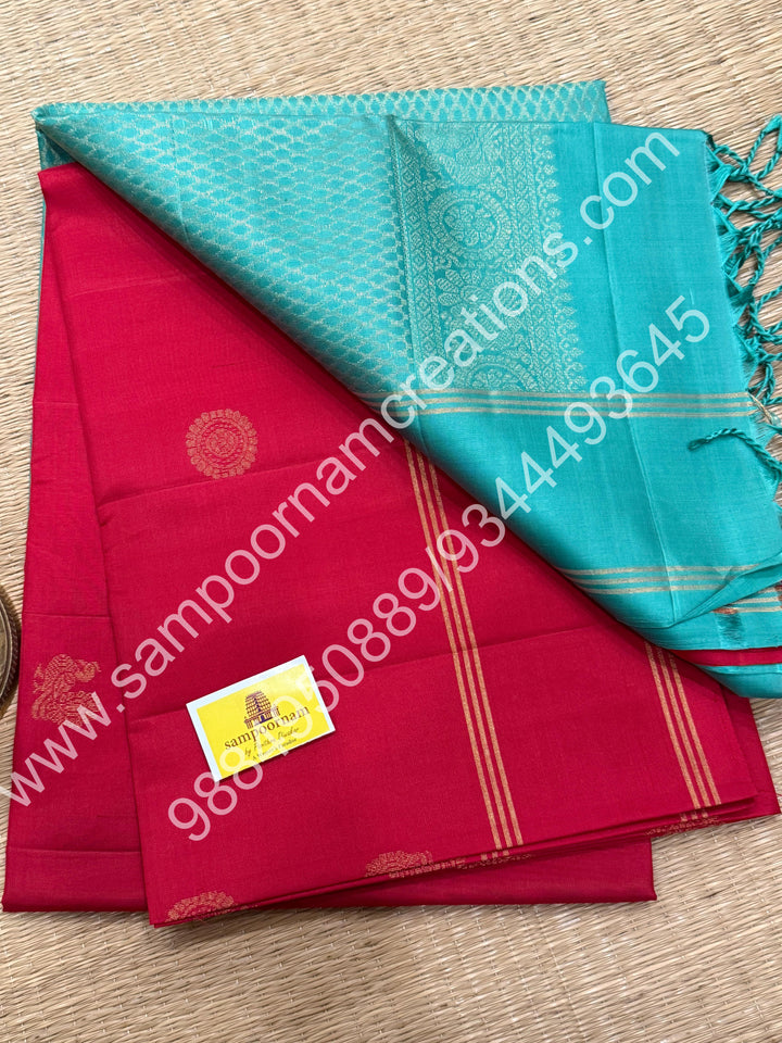 Chilli Red with Turquoise Blue, Rich Annam and Chakram Zari Butta in the body, Rettapet simple Border and Grand Pallu , Pure Soft Silk Saree
