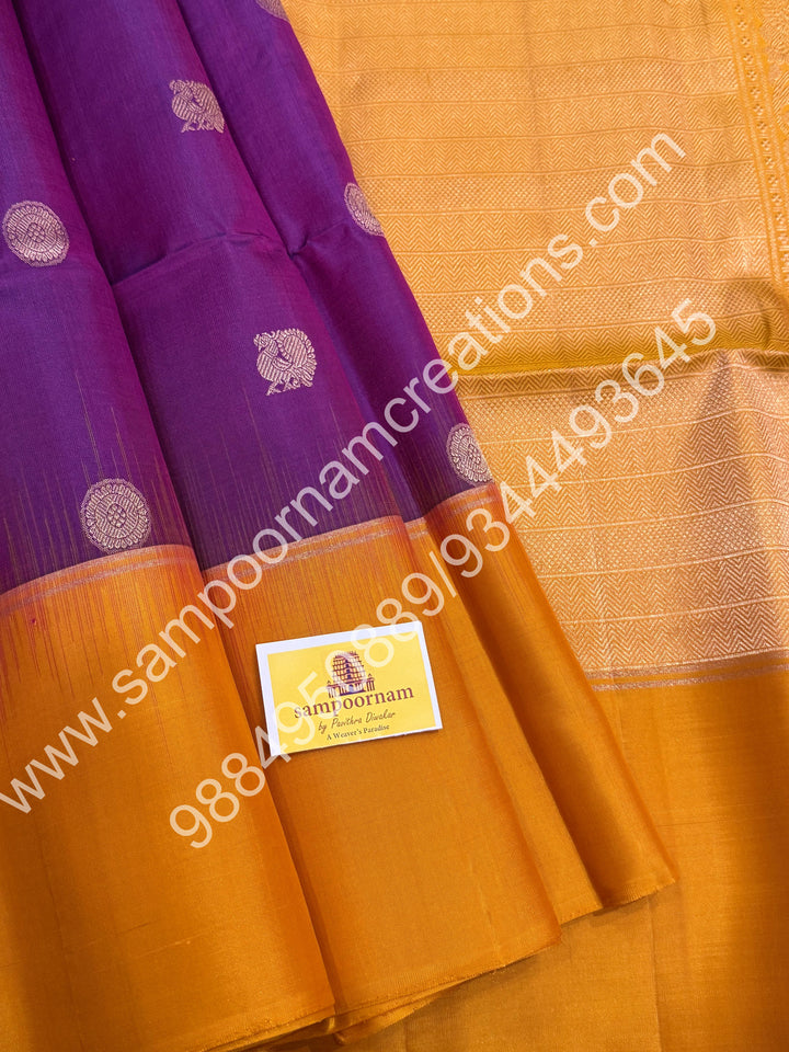 Vadamalli with Mustard, Rich Annam and Chakram Butta in the Body, Simple Border and Grand Pallu , Pure Soft Silk Saree