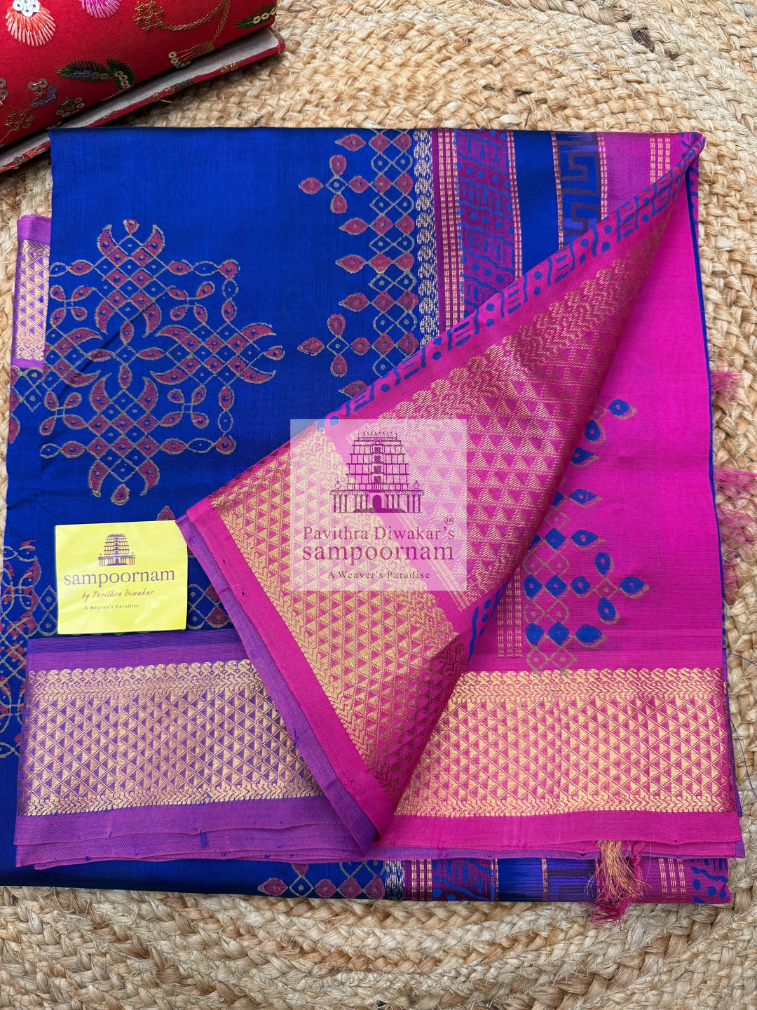 Dark Blue with Pink  , Kolam Handblock printed Sillk Cotton Saree