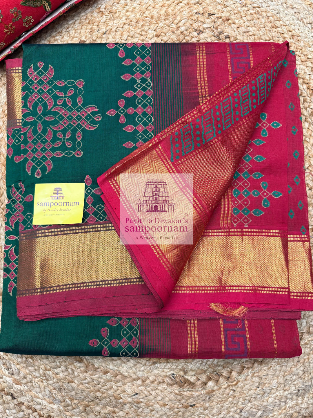 Traditional Green with Red  , Kolam   Handblock printed Sillk Cotton Saree