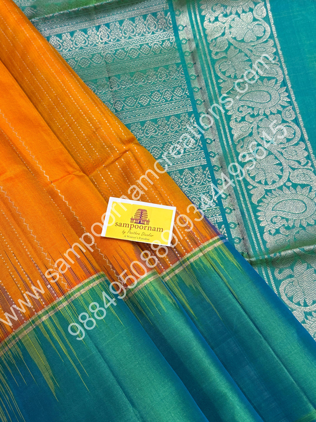 Yellow with Turquoise Blue, Rich Butta with Zari Vertical Lines in the Body and Simple Border and Grand Pallu , Pure Soft Silk Saree