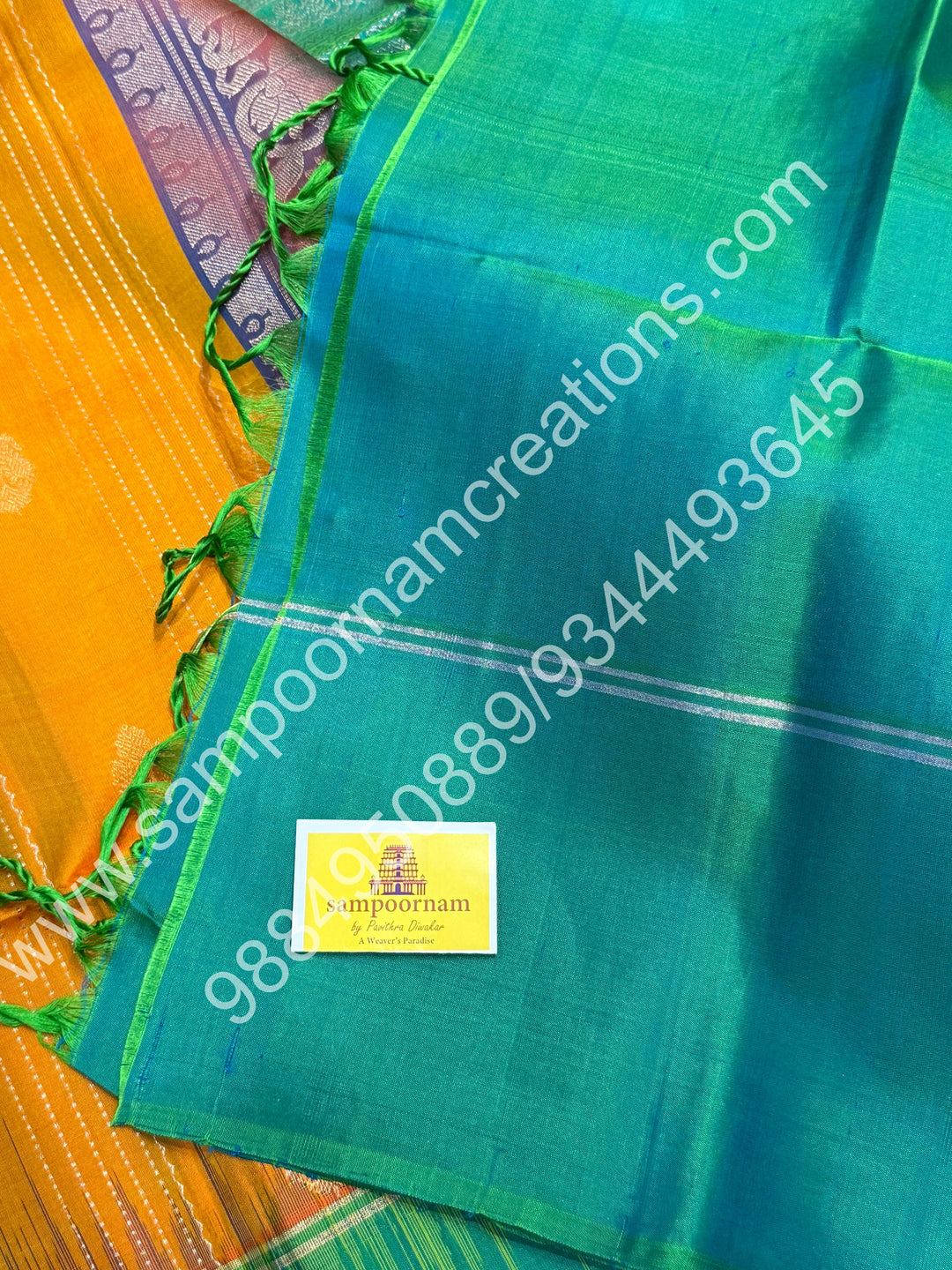 Yellow with Turquoise Blue, Rich Butta with Zari Vertical Lines in the Body and Simple Border and Grand Pallu , Pure Soft Silk Saree