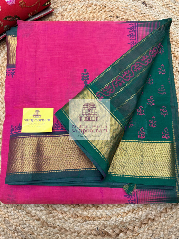 Pink with Green  ,Terracotta Horse Handblock printed Sillk Cotton Saree