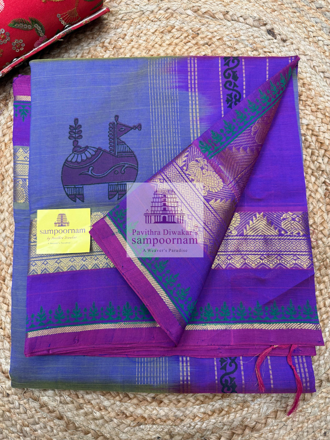 Double Shaded Lavender with Purple ,Terracotta Horse Handblock printed Sillk Cotton Saree