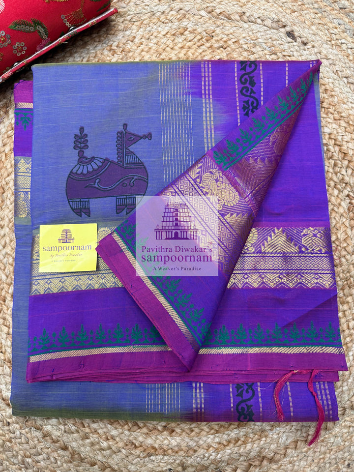 Double Shaded Lavender with Purple ,Terracotta Horse Handblock printed Sillk Cotton Saree