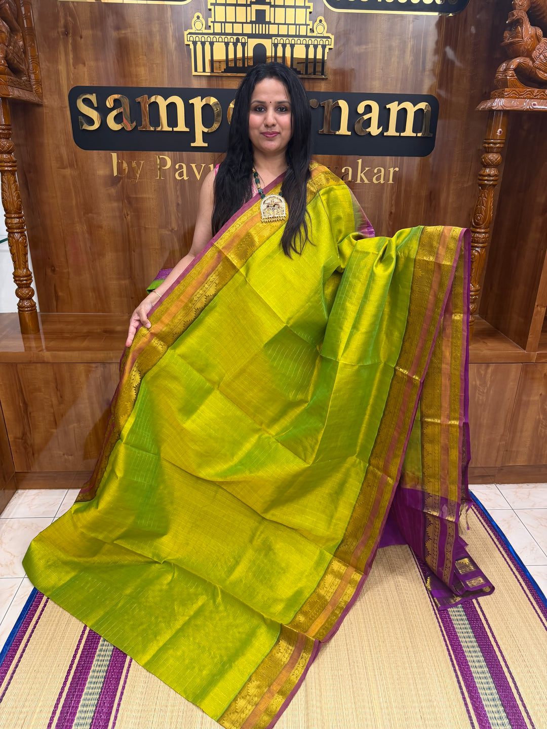 Light Green with Magenta , Rich  Zari Kattam in the body , Rettapet  borders and Rich Pallu Pure Silk Cotton Saree