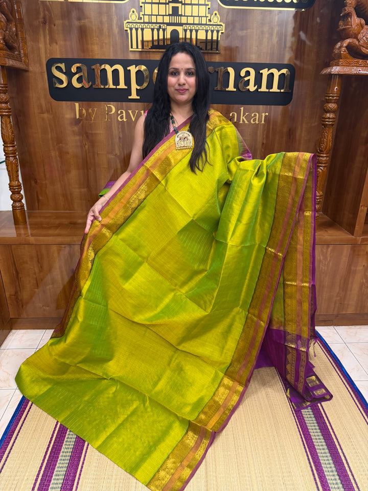 Light Green with Magenta , Rich  Zari Kattam in the body , Rettapet  borders and Rich Pallu Pure Silk Cotton Saree