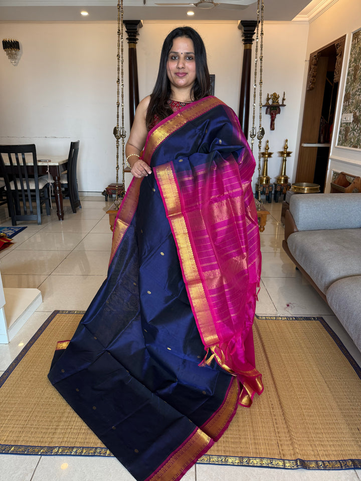 Dark Blue with Pink , Body Rich Zari Butta Traditional Borders and Rich Pallu Pure Silk Cotton Saree