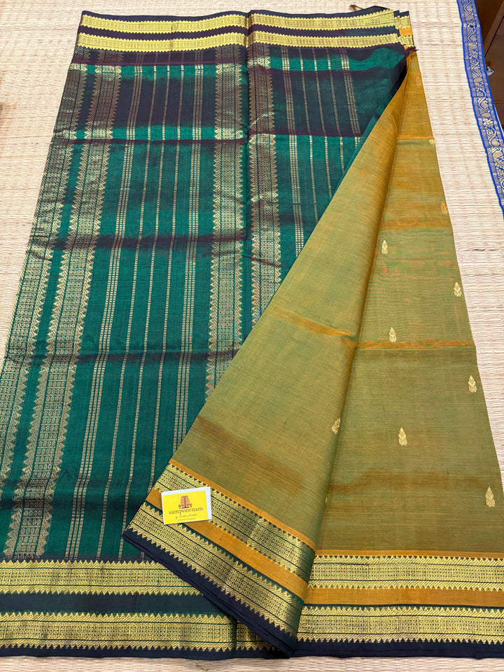 Fenugreek Green with Dark Green Rettapet Border and Zari Butta in the Body Traditional Borders and Rich Pallu Pure Silk Cotton Saree
