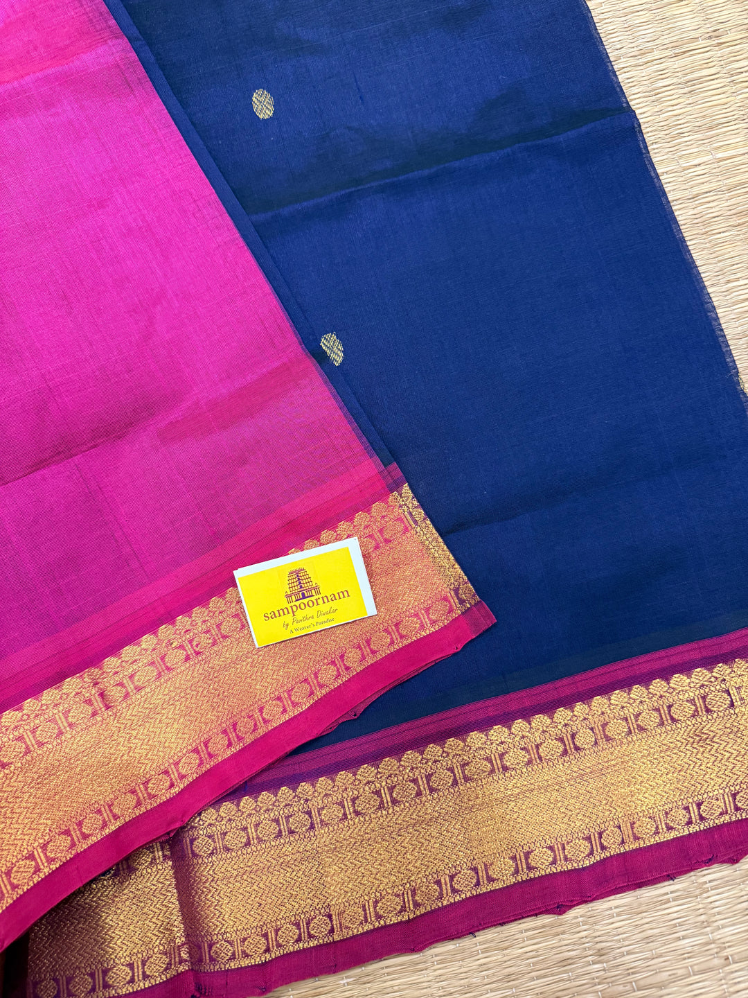 Dark Blue with Pink , Body Rich Zari Butta Traditional Borders and Rich Pallu Pure Silk Cotton Saree