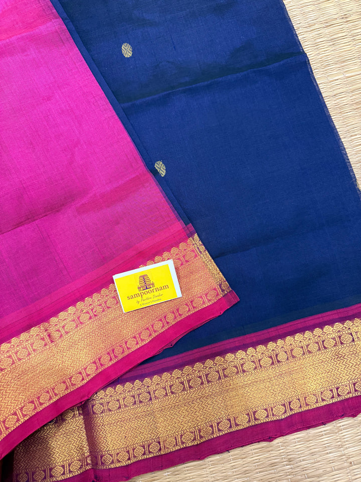 Dark Blue with Pink , Body Rich Zari Butta Traditional Borders and Rich Pallu Pure Silk Cotton Saree