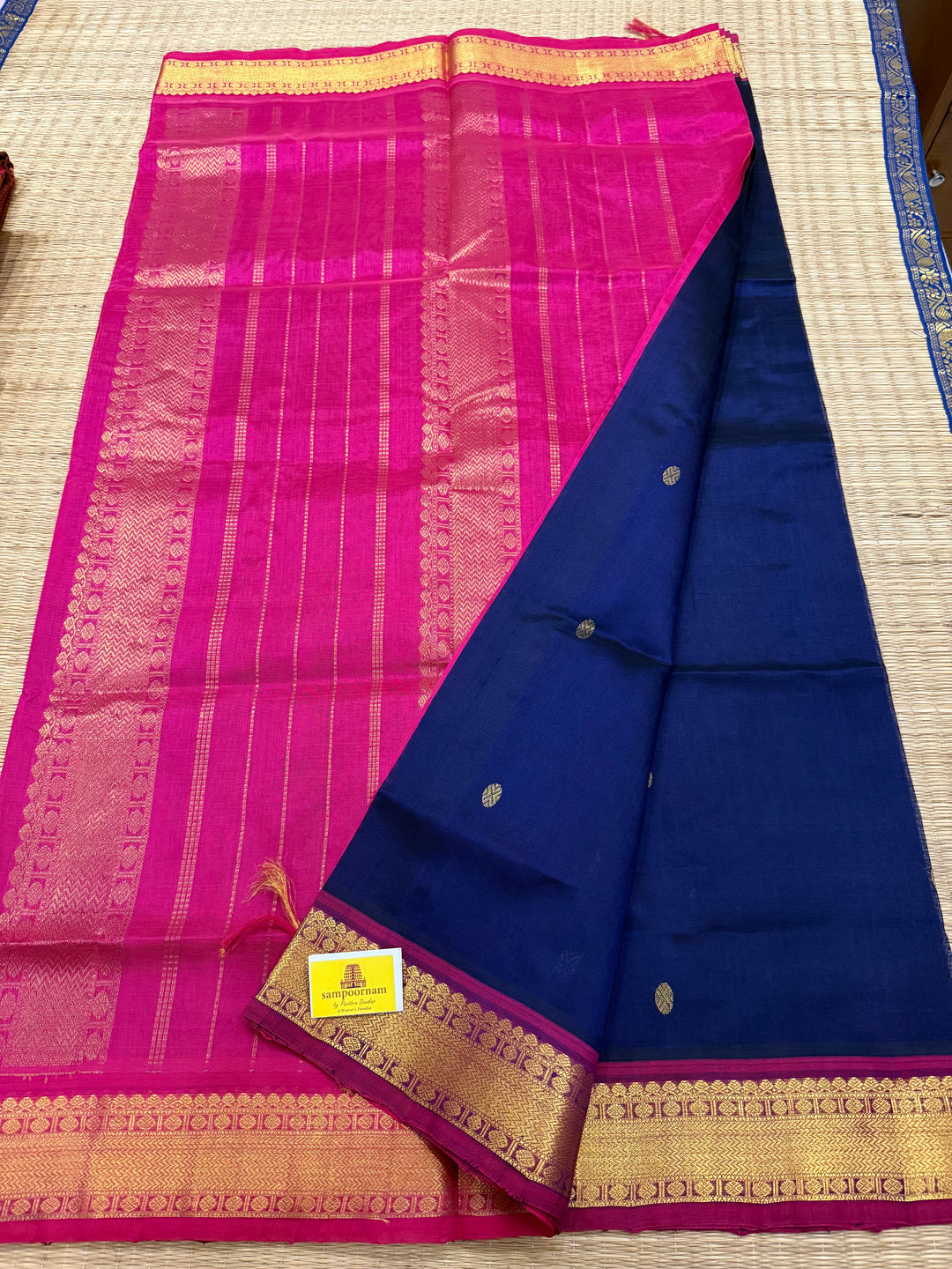 Dark Blue with Pink , Body Rich Zari Butta Traditional Borders and Rich Pallu Pure Silk Cotton Saree