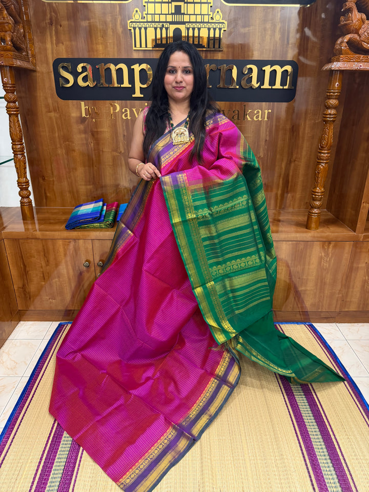 Ruby Pink with Green , Rich  Zari Kattam in the body , Rettapet  borders and Rich Pallu Pure Silk Cotton Saree