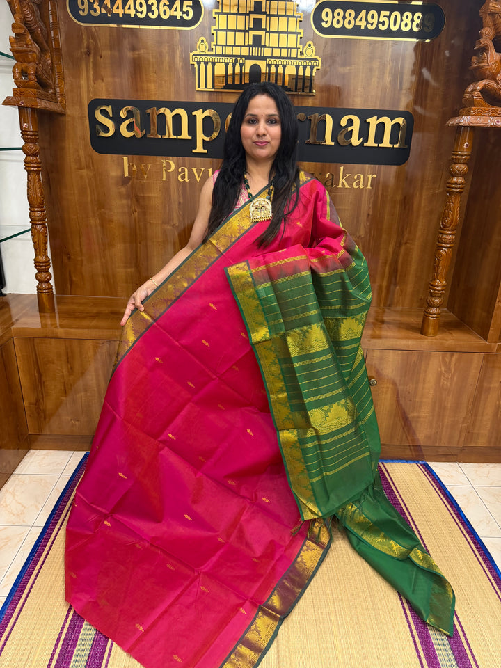 Pink with Green ,  Vairaoosi Zari lines with Rich Floral Zari Butta in the body , traditional borders and Rich Pallu Pure Silk Cotton Saree