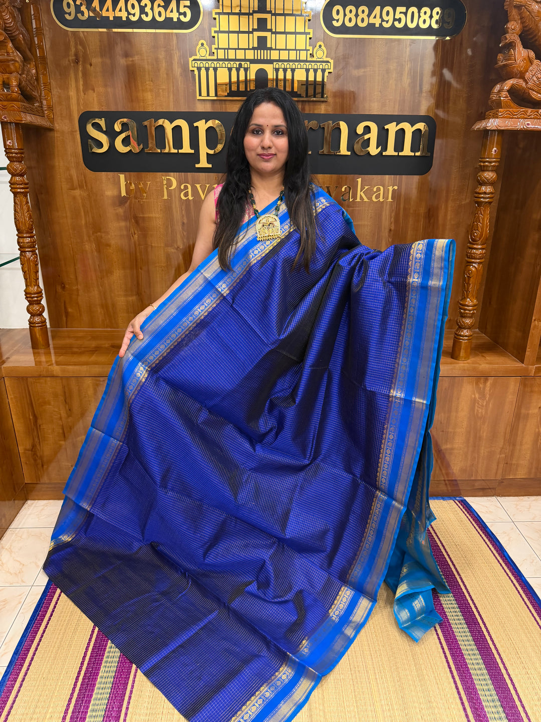 Dark Blue with Light Blue , Rich  Zari Kattam in the body , Rettapet  borders and Rich Pallu Pure Silk Cotton Saree