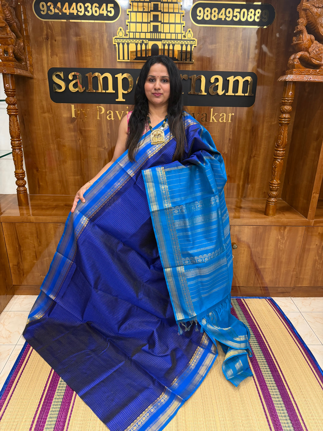 Dark Blue with Light Blue , Rich  Zari Kattam in the body , Rettapet  borders and Rich Pallu Pure Silk Cotton Saree