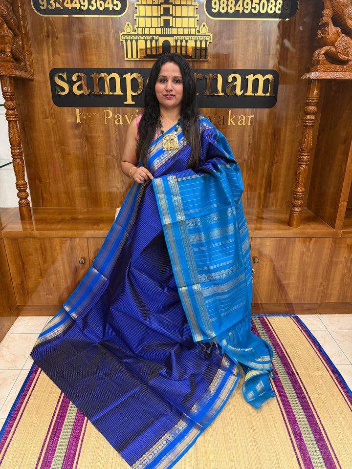 Dark Blue with Light Blue , Rich  Zari Kattam in the body , Rettapet  borders and Rich Pallu Pure Silk Cotton Saree