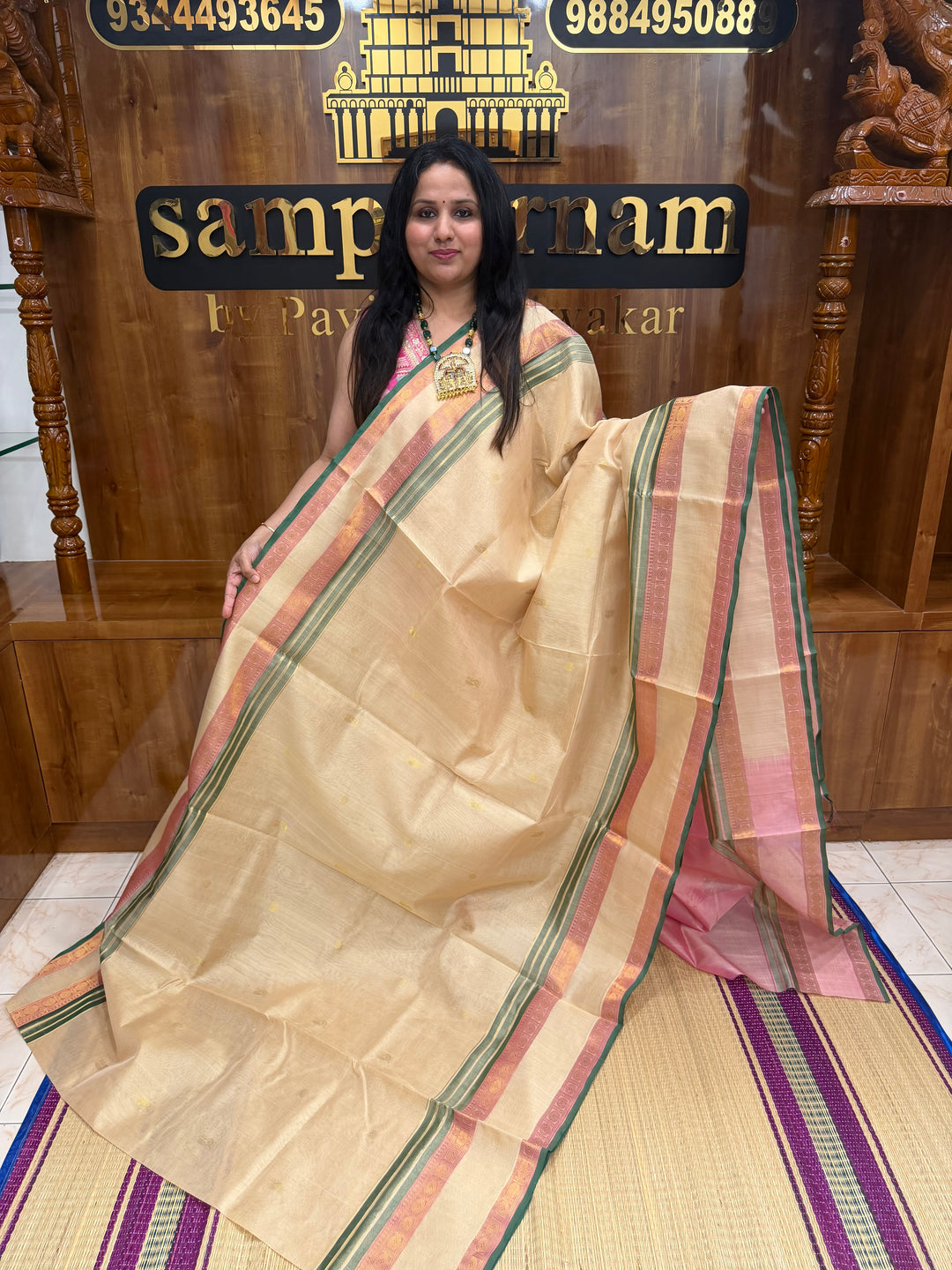 Cream with Baby Pink , Rich Annam and Rudraksh  Zari Butta in the body , Rettapet Rudraksh  borders and Rich Pallu Pure Silk Cotton Saree