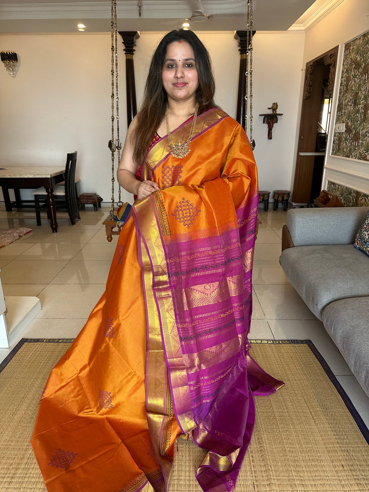 Orange With Purple Vairaoosi Kolam Handblock Printed Silk Cotton Saree