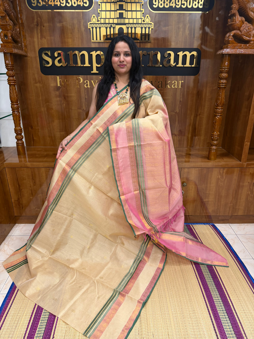 Cream with Baby Pink , Rich Annam and Rudraksh  Zari Butta in the body , Rettapet Rudraksh  borders and Rich Pallu Pure Silk Cotton Saree