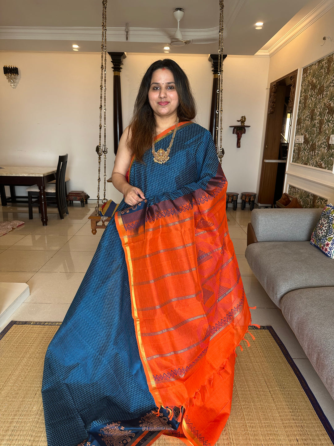 Blue with Orange Handblock Printed Silk Cotton Saree