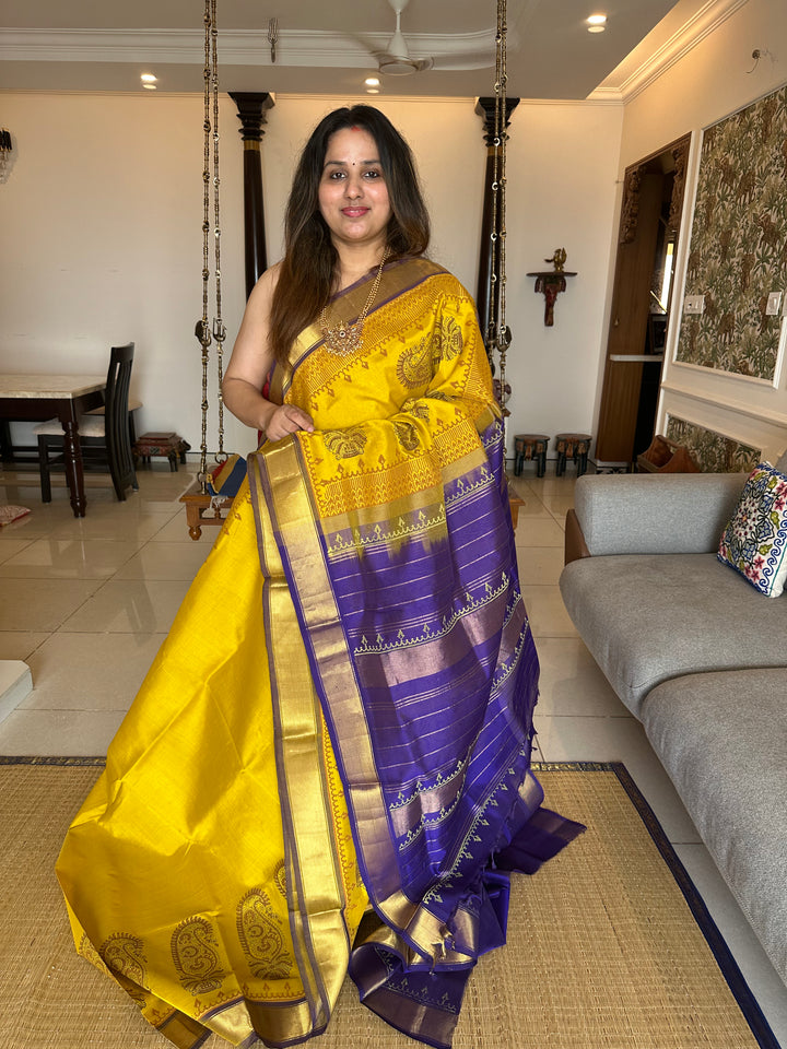 Yellow with Blue Handblock Printed Silk Cotton Saree