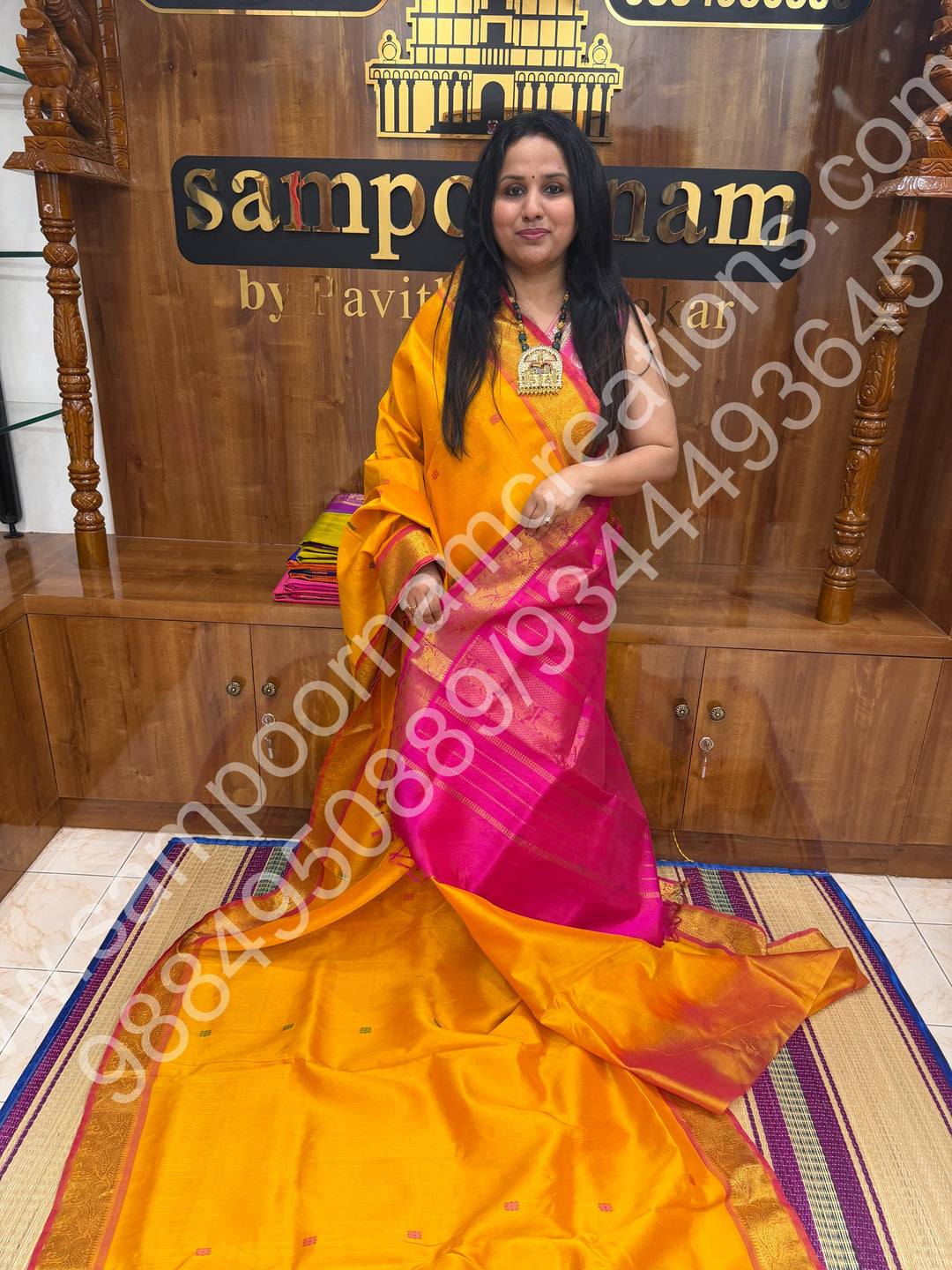 Yellow with Pink , Thread Butta in the body  , Traditional border and Rich Pallu , 10 Yards  Pure Silk Cotton Saree