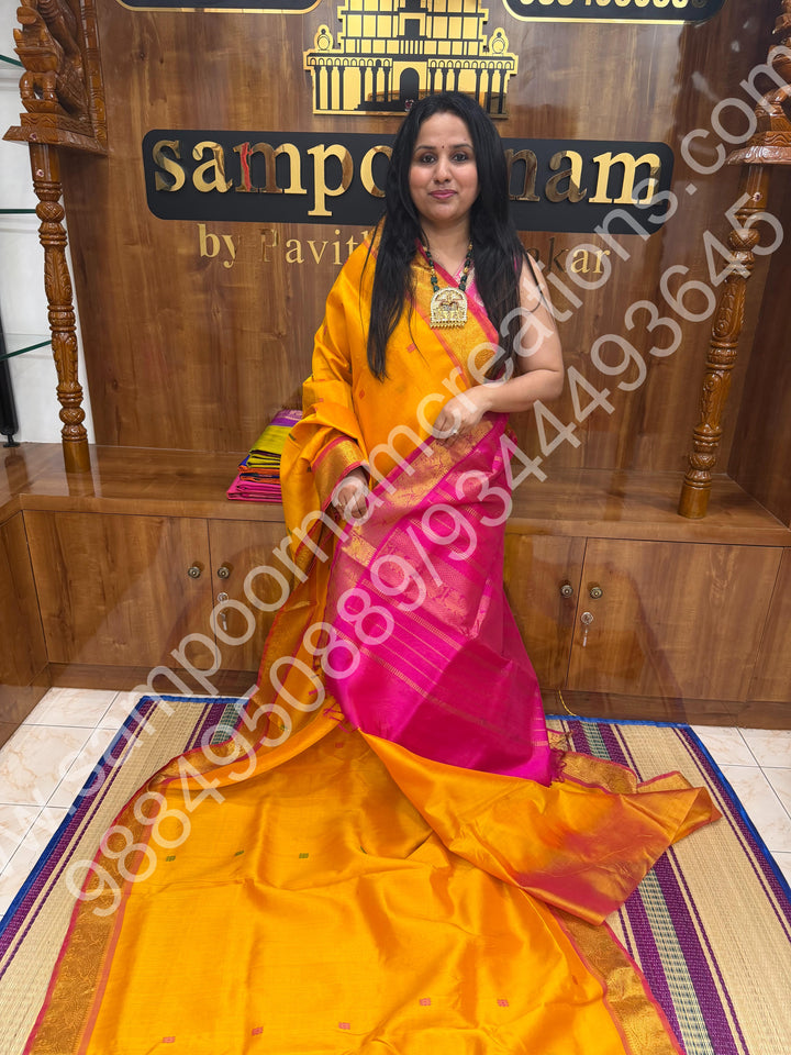 Yellow with Pink , Thread Butta in the body  , Traditional border and Rich Pallu , 10 Yards  Pure Silk Cotton Saree