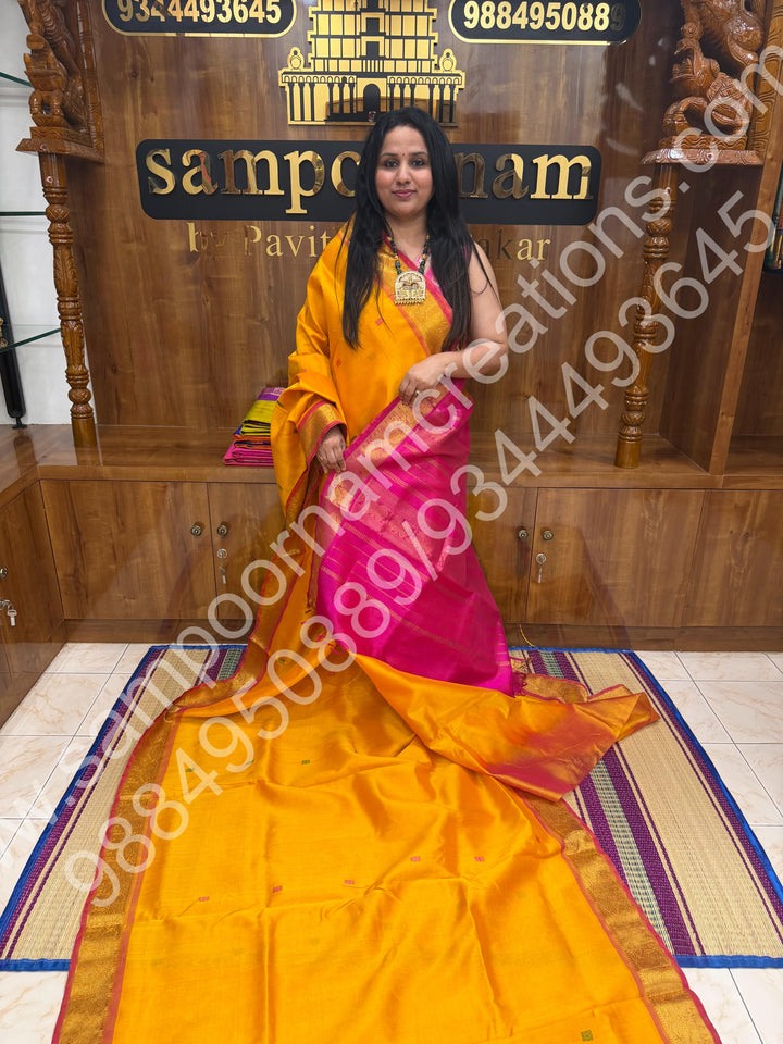 Yellow with Pink , Thread Butta in the body  , Traditional border and Rich Pallu , 10 Yards  Pure Silk Cotton Saree