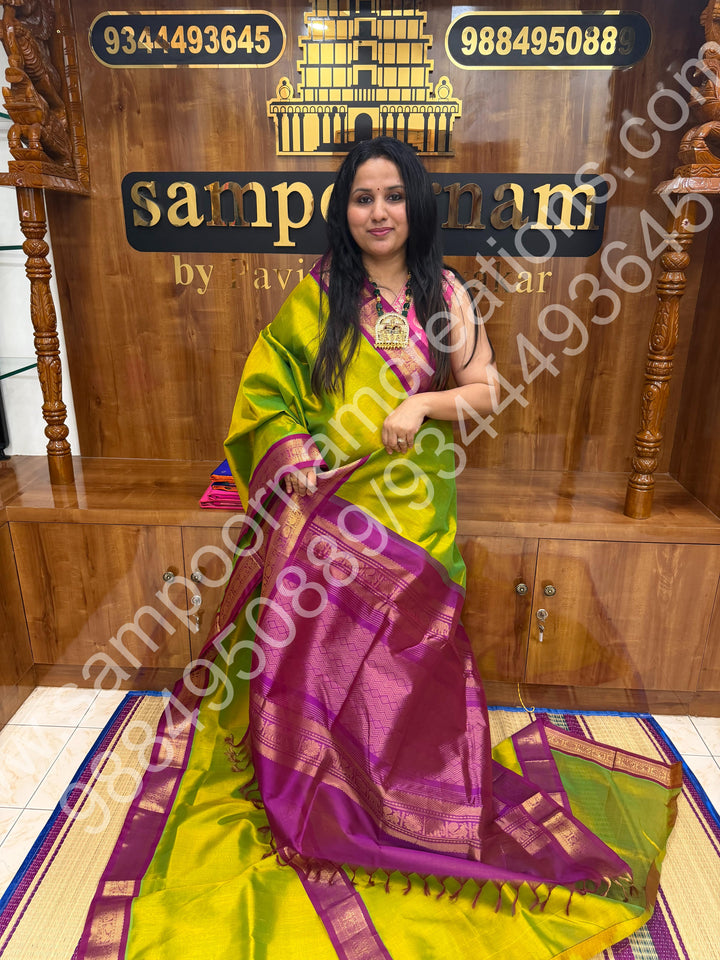 Parrot Green with Magenta   , Traditional border and Rich Pallu , 10 Yards  Pure Korvai Silk Cotton Saree