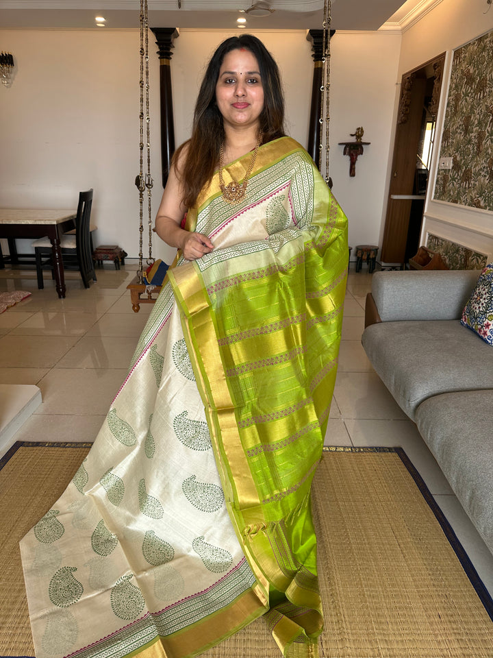 Offwhite with Green Handblock Printed Silk Cotton Saree