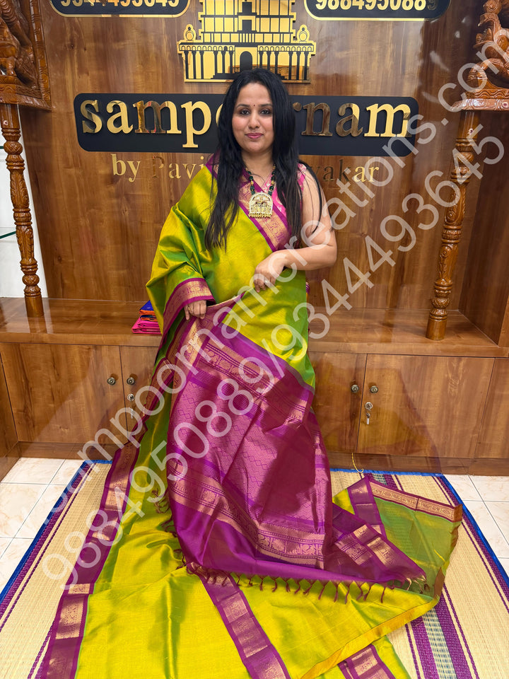 Parrot Green with Magenta   , Traditional border and Rich Pallu , 10 Yards  Pure Korvai Silk Cotton Saree