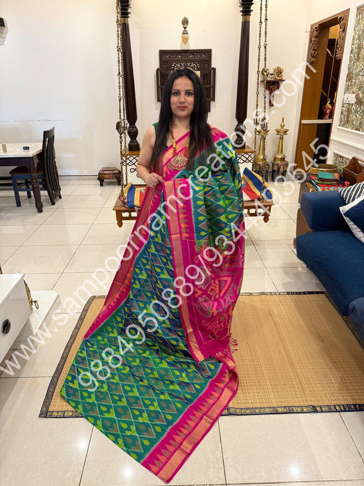 Mayilkazhuthu Blue with Pink, Pochampally Designs in the Body, Simple Zari Border and Grand Pallu , Pure Soft Silk Saree