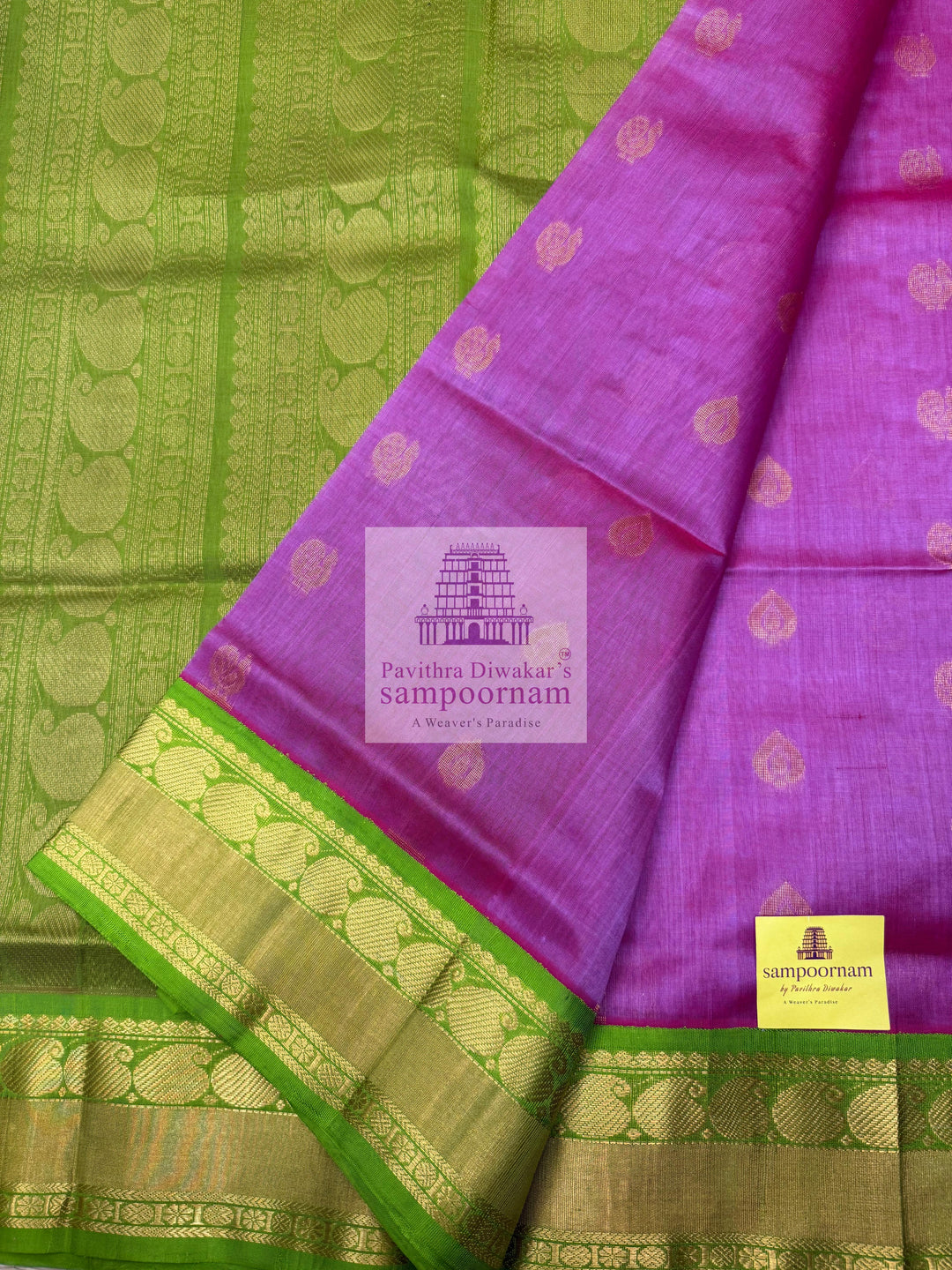 Double Shaded Pink Purple with Lemon Green, Traditional Silk Border and Rich Zari Butta in the Body and Grand Pallu Korvai Silk Cotton Saree