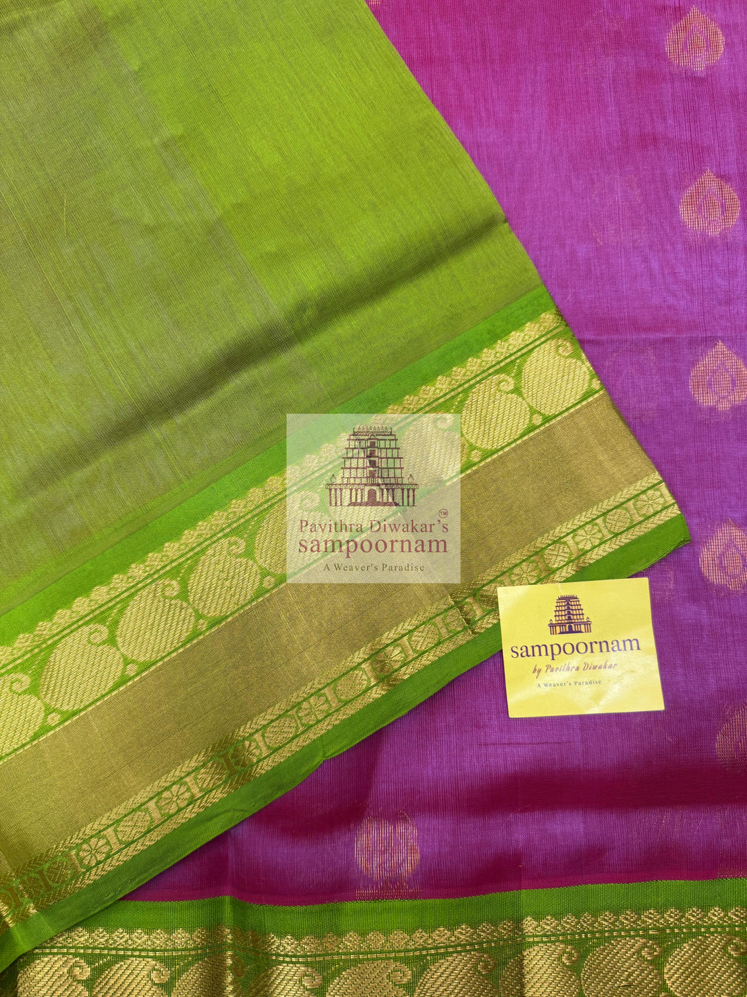 Double Shaded Pink Purple with Lemon Green, Traditional Silk Border and Rich Zari Butta in the Body and Grand Pallu Korvai Silk Cotton Saree