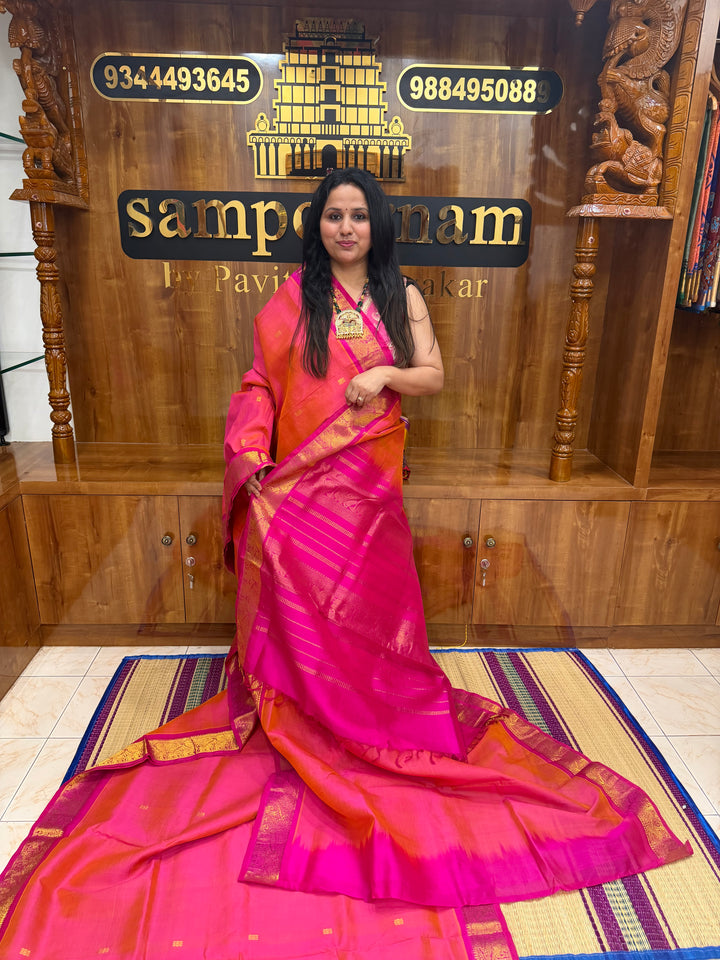 Lotus Pink with Dark Pink , Zari  Butta in the body  , Traditional border and Rich Pallu , 10 Yards  Pure Silk Cotton Saree