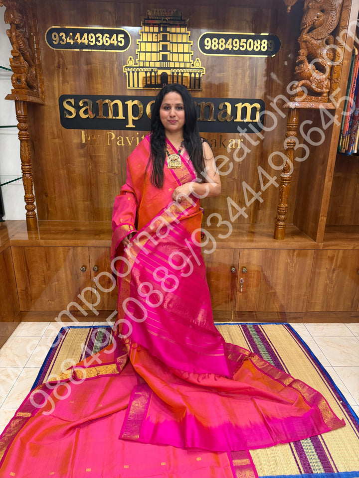 Lotus Pink with Dark Pink , Zari  Butta in the body  , Traditional border and Rich Pallu , 10 Yards  Pure Silk Cotton Saree