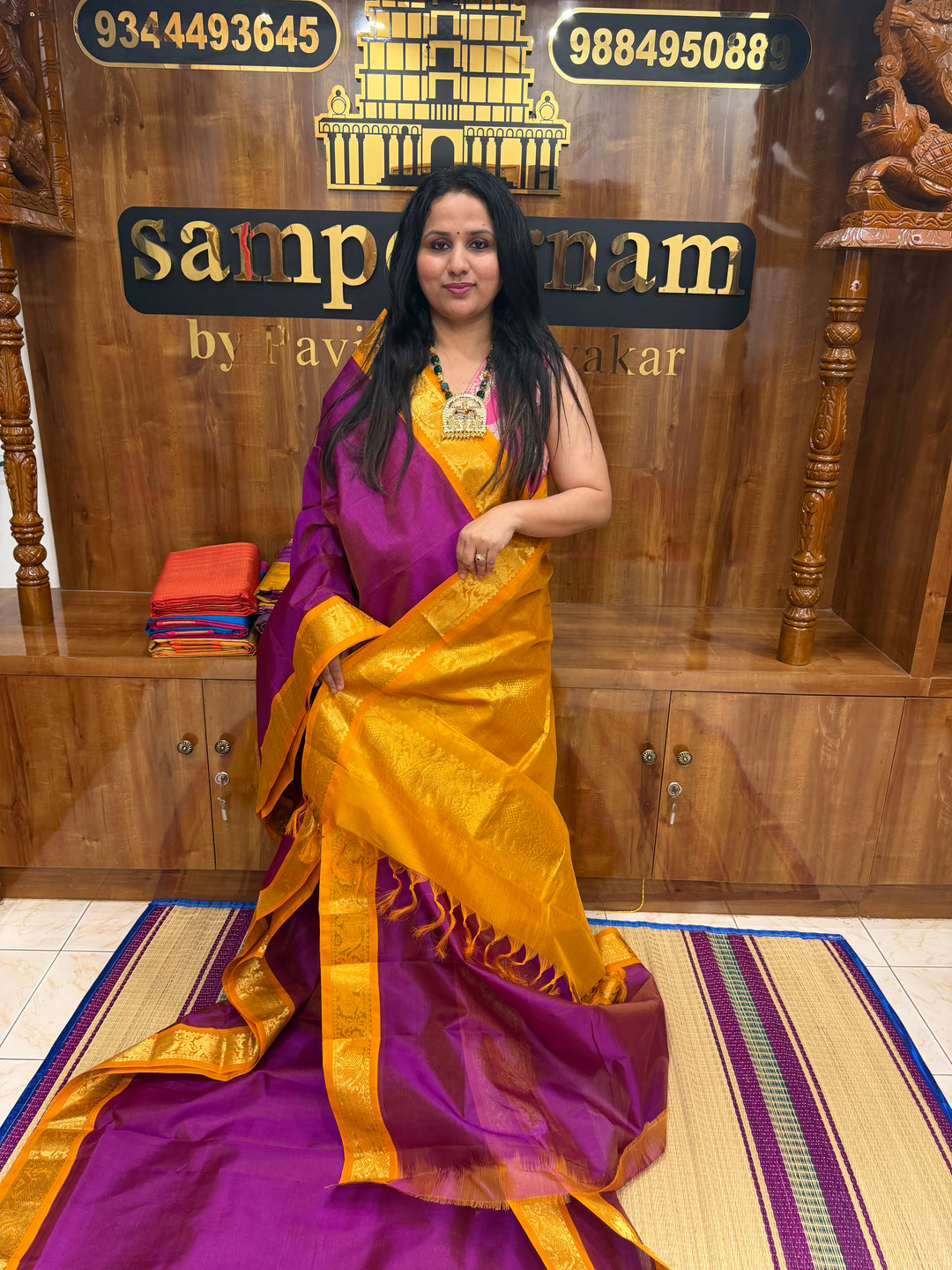 Purple with Mustard , Vairaoosi Zari Lines  in the body  , Traditional border and Rich Pallu , 10 Yards  Pure Silk Cotton Saree