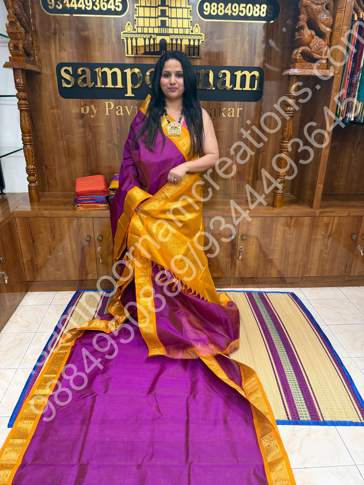 Vadamalli with Mustard , Vairaoosi Zari Lines  in the body  , Traditional border and Rich Pallu , 10 Yards  Pure Silk Cotton Saree