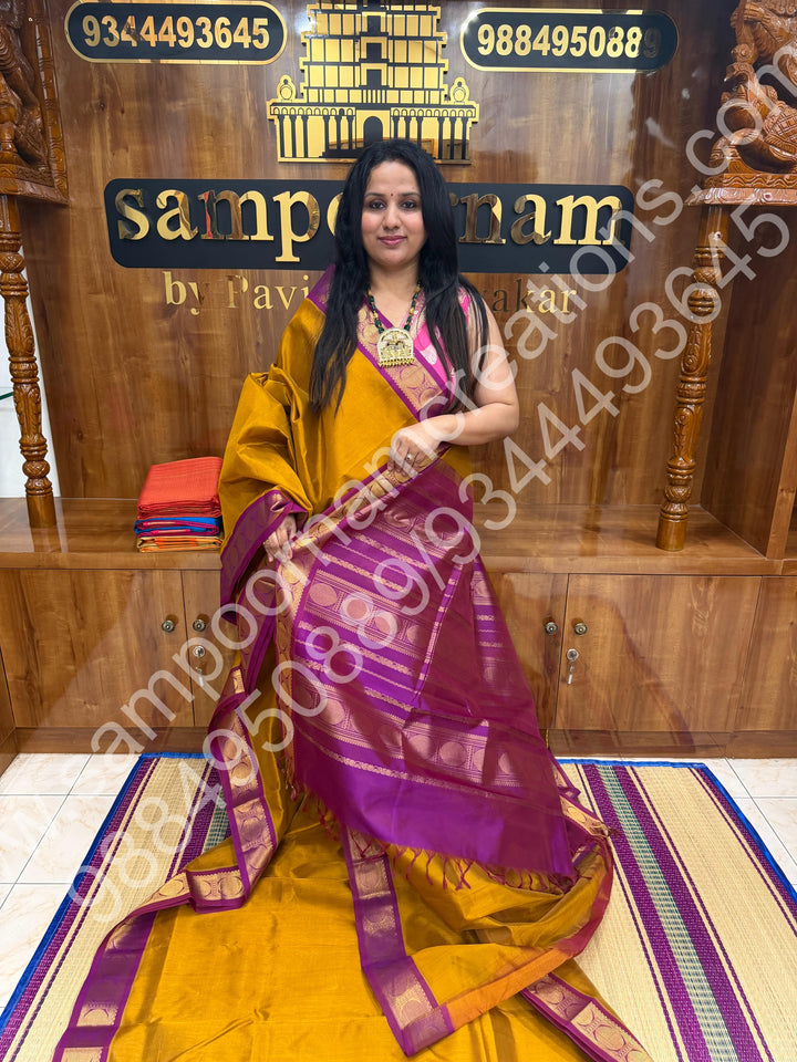 Dark Gold with Dark Magenta , Traditional border and Rich Pallu , 10 Yards  Pure Silk Cotton Saree