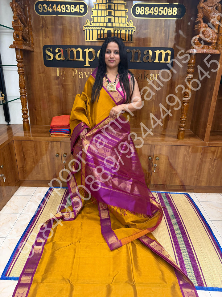 Dark Gold with Dark Magenta , Traditional border and Rich Pallu , 10 Yards  Pure Silk Cotton Saree