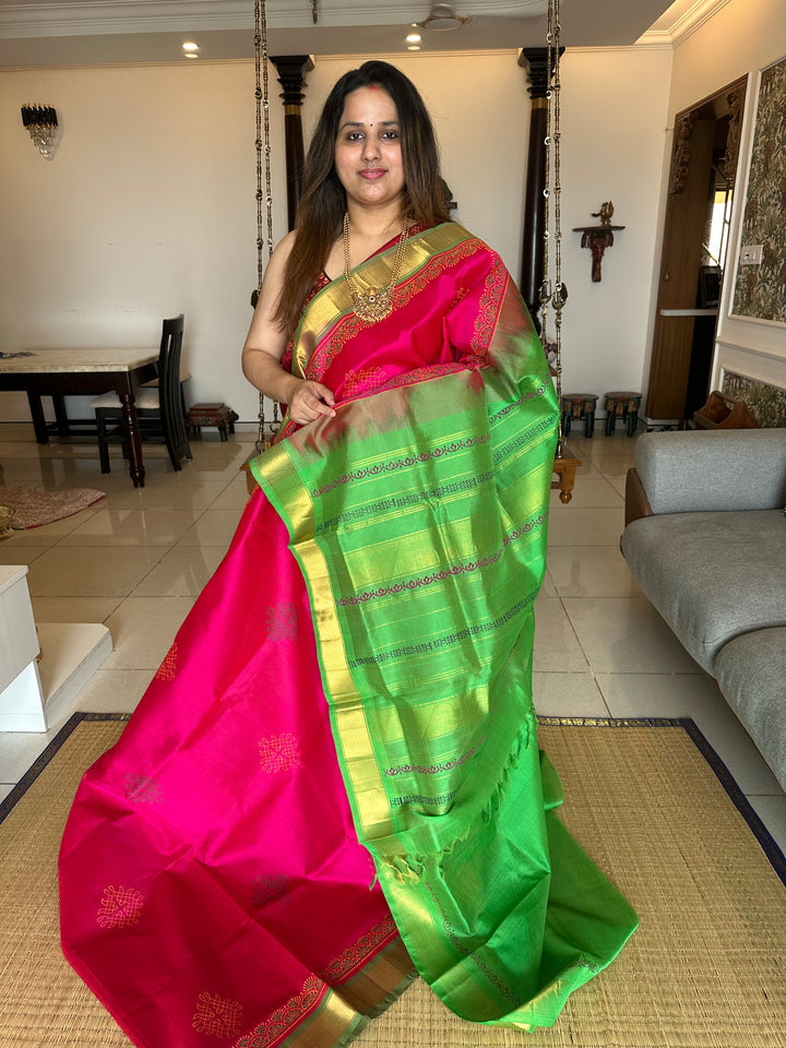 Reddish Pink With Green Kolam Handblock Printed Silk Cotton Saree