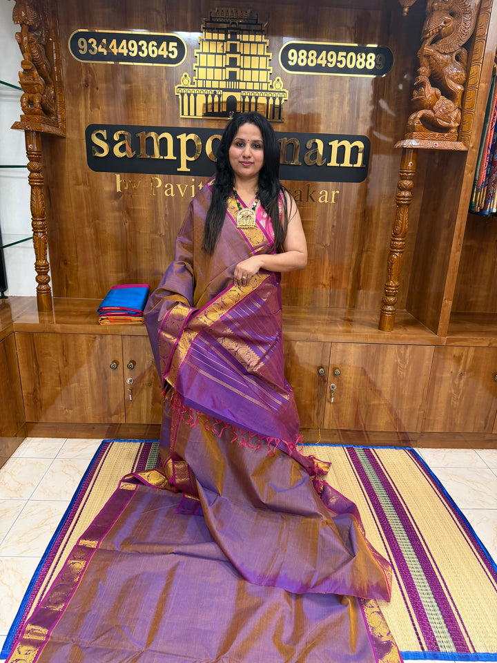 Double Shaded Lavender , Vairaoosi Zari Lines in the body  , Traditional border and Rich Pallu , 10 Yards  Pure Silk Cotton Saree