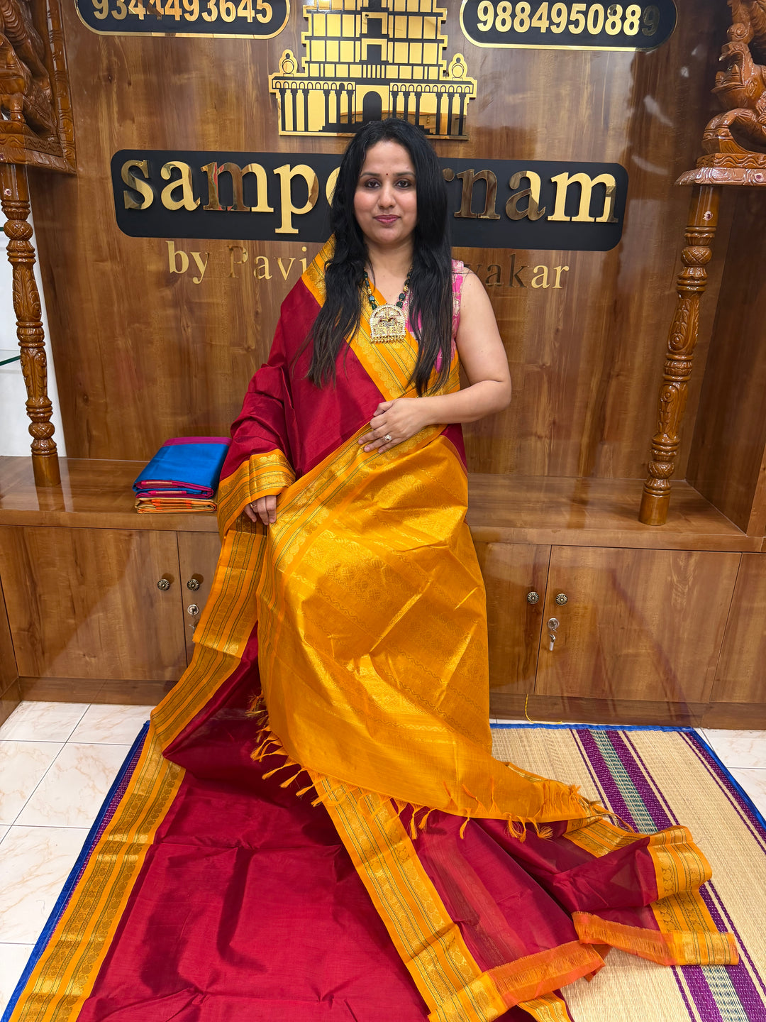 Red with Mustard  , Traditional border and Rich Pallu , 10 Yards  Pure Silk Cotton Saree
