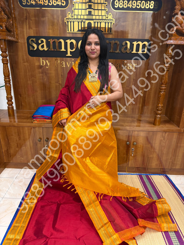 Dark Red with Mustard  , Traditional border and Rich Pallu , 10 Yards  Pure Korvai Silk Cotton Saree