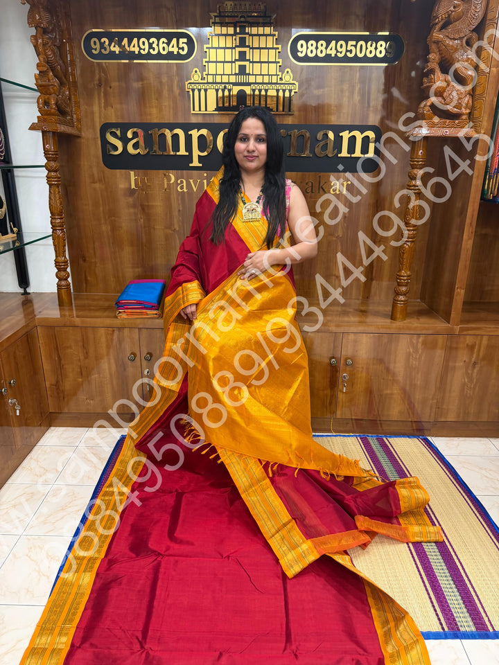Dark Red with Mustard  , Traditional border and Rich Pallu , 10 Yards  Pure Korvai Silk Cotton Saree